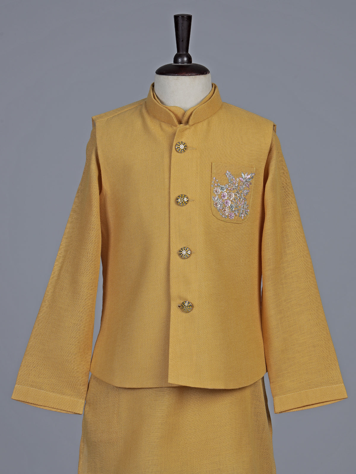 Mustard yellow embellished festive waistcoat set for boys