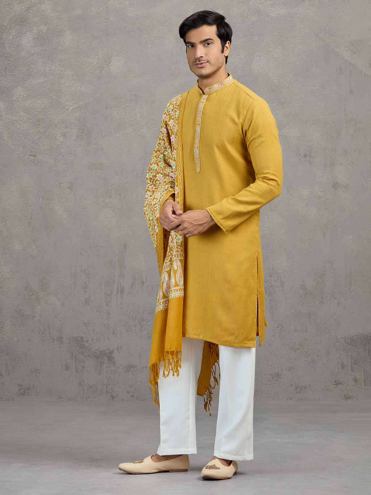 Mustard yellow pashmina silk festive kurta suit with dupatta