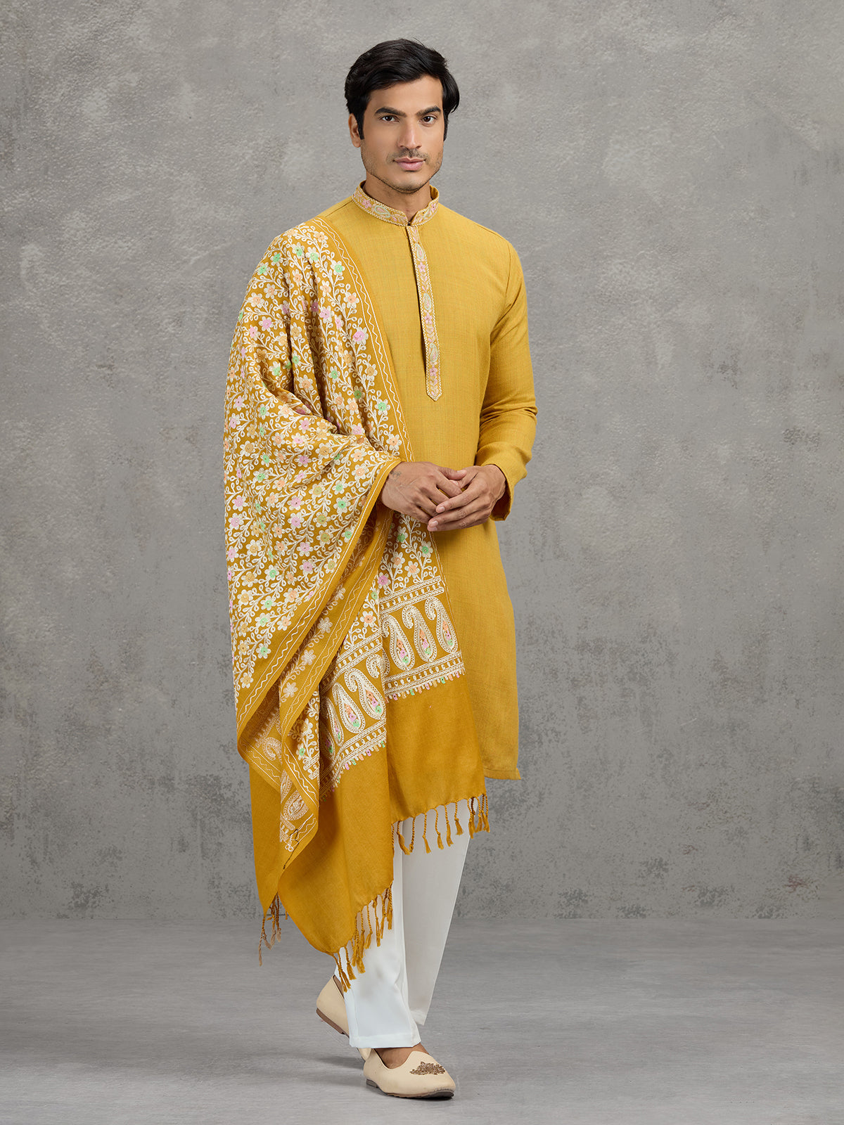 Mustard yellow pashmina silk festive kurta suit with dupatta