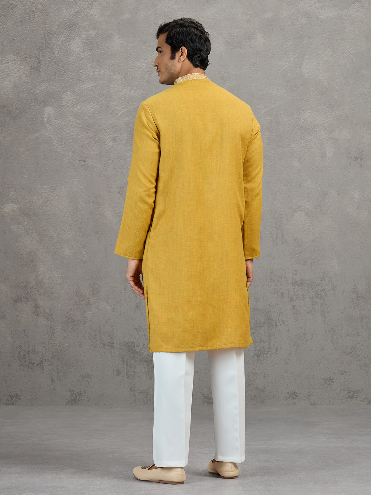 Mustard yellow pashmina silk festive kurta suit with dupatta