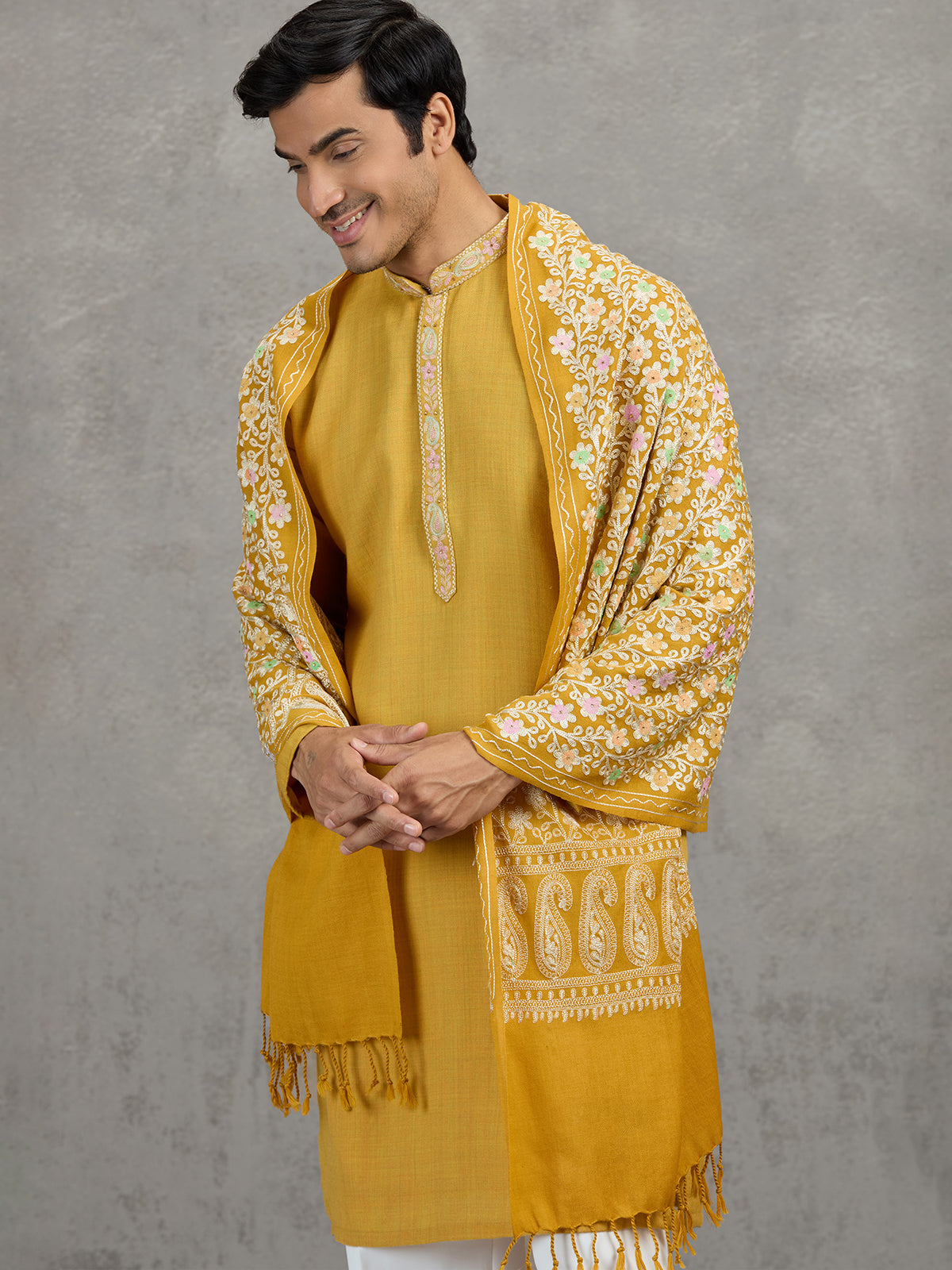 Mustard yellow pashmina silk festive kurta suit with dupatta