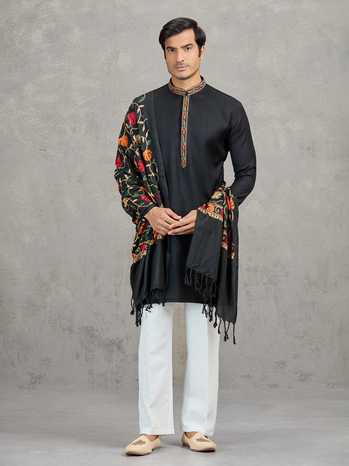 Black pashmina silk embroidered festive kurta suit with dupatta