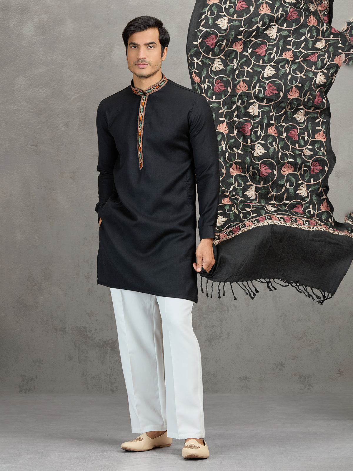 Black pashmina silk embroidered festive kurta suit with dupatta