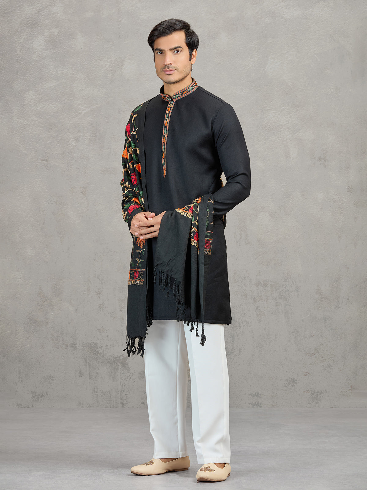 Black pashmina silk embroidered festive kurta suit with dupatta