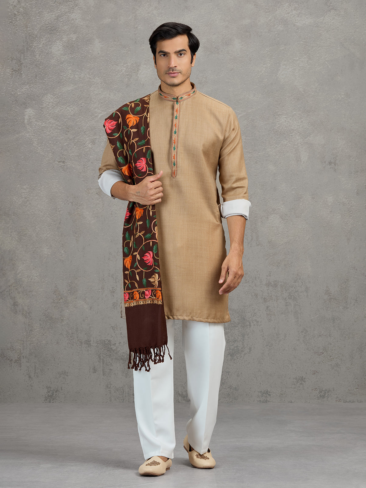 Beige pashmina silk elegant festive kurta suit with dupatta