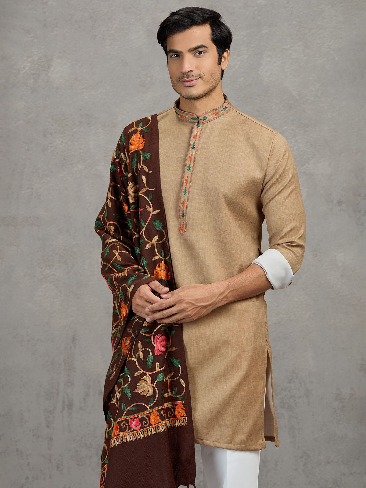 Beige pashmina silk elegant festive kurta suit with dupatta