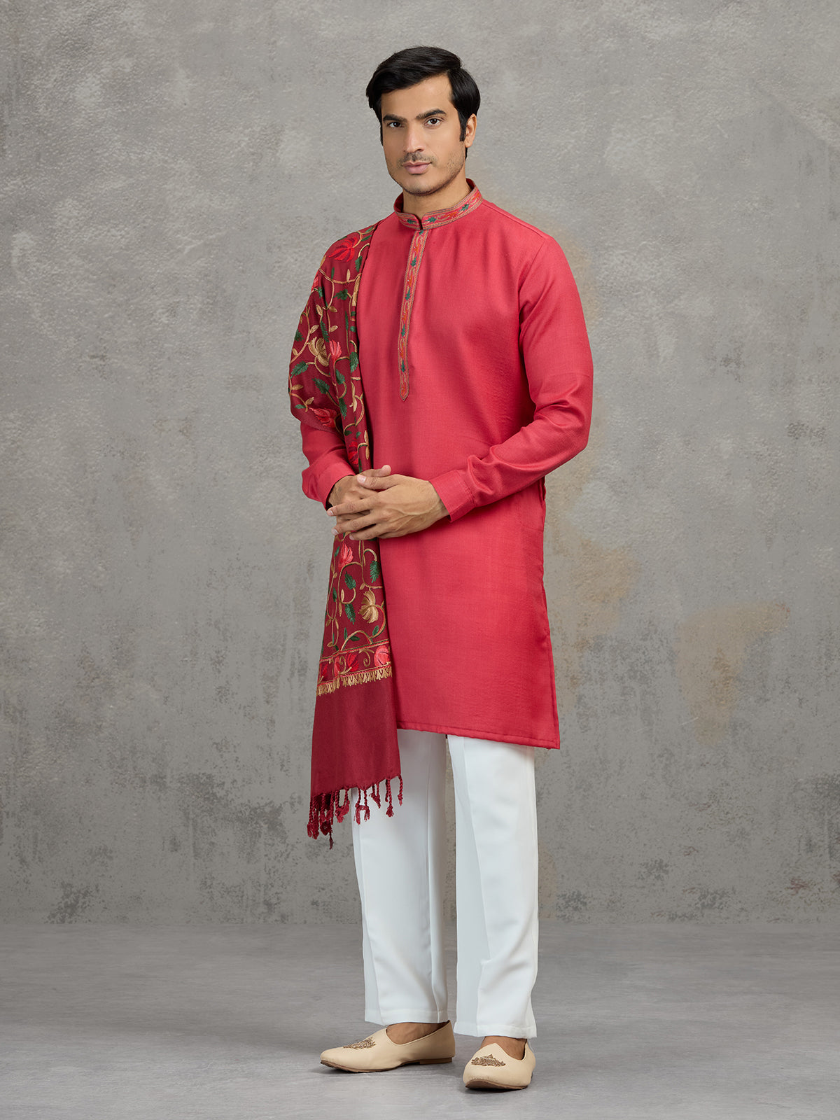 Pink pashmina silk festive embroidered kurta suit with dupatta