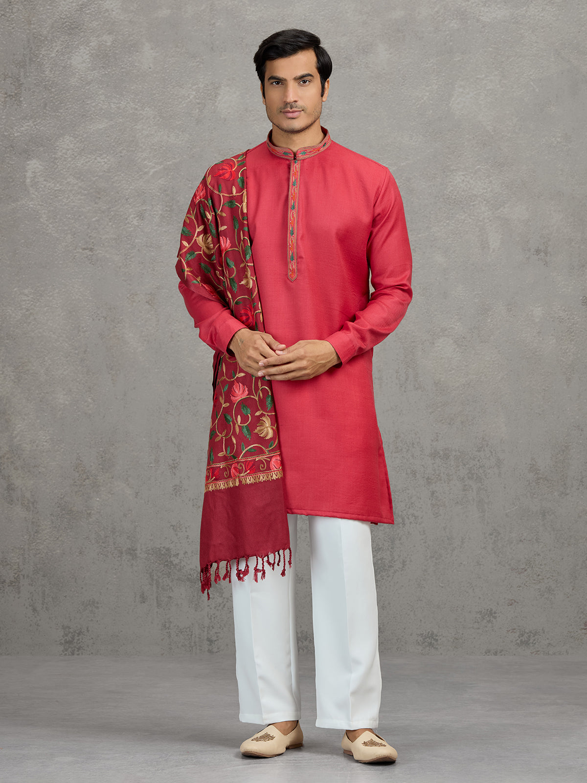 Pink pashmina silk festive embroidered kurta suit with dupatta