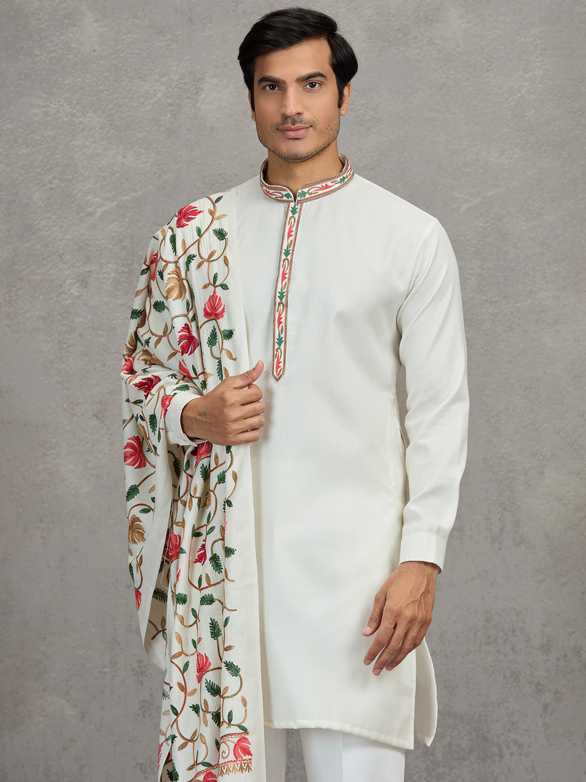 White pashmina silk traditional festive kurta suit with dupatta