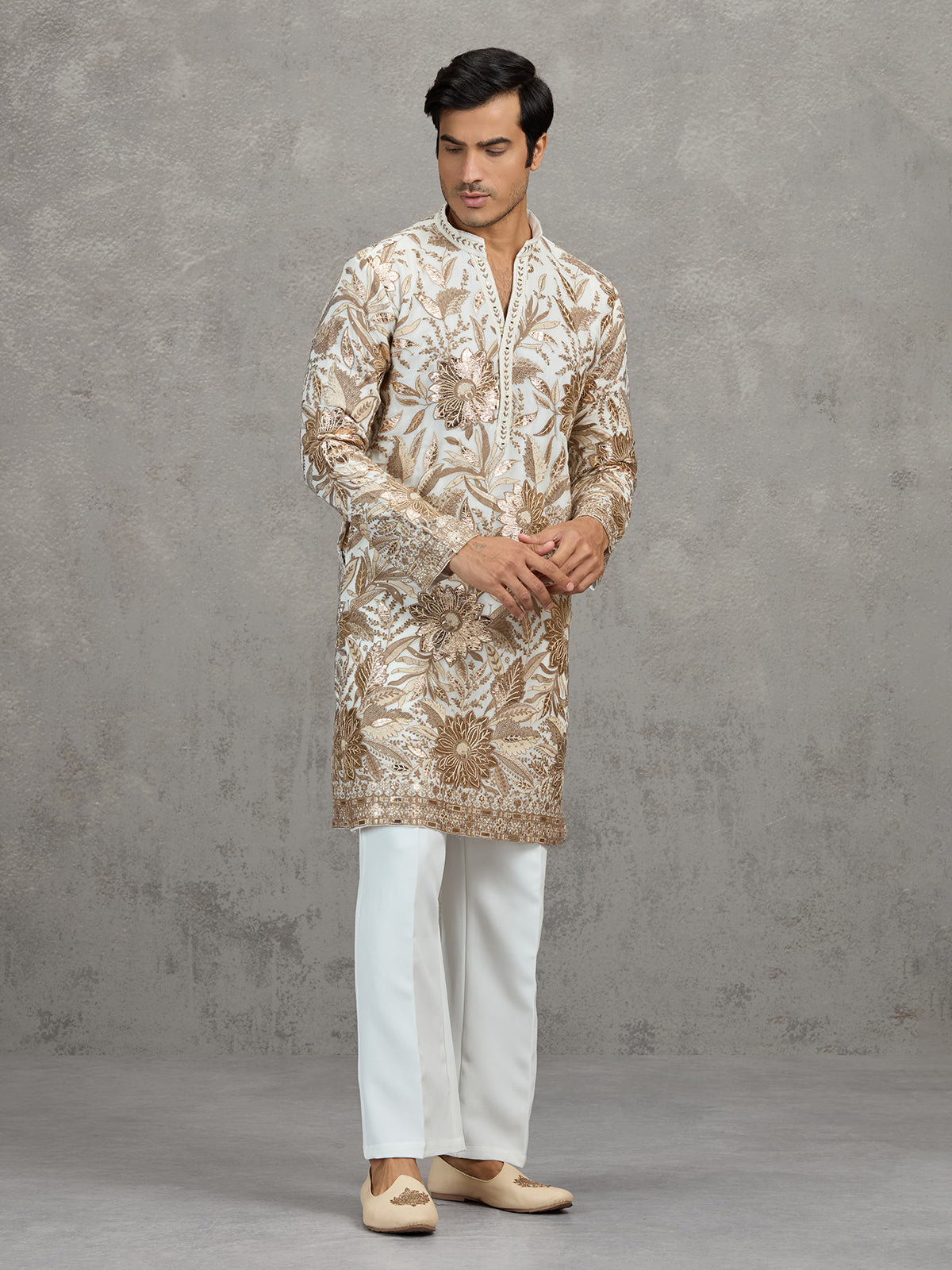 White georgette embroidered traditional festive kurta suit