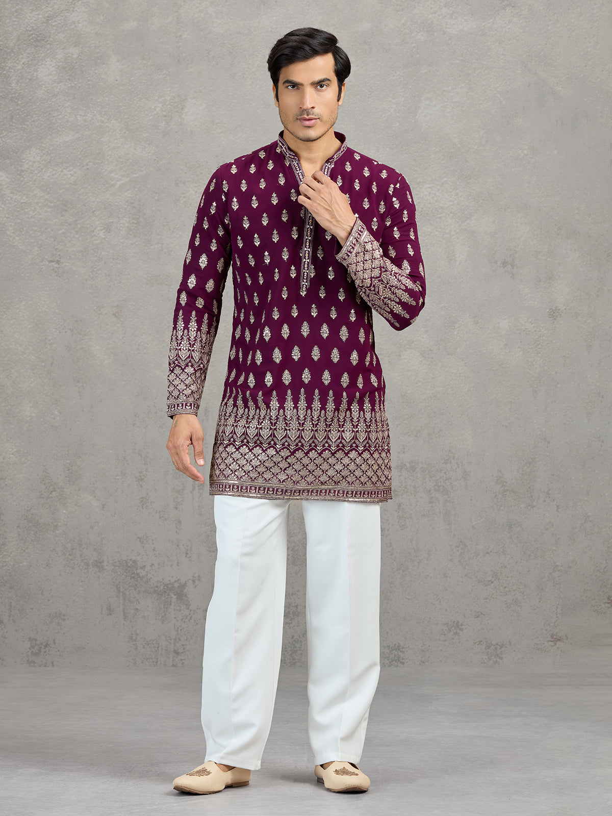 Wine georgette embroidered festive kurta suit