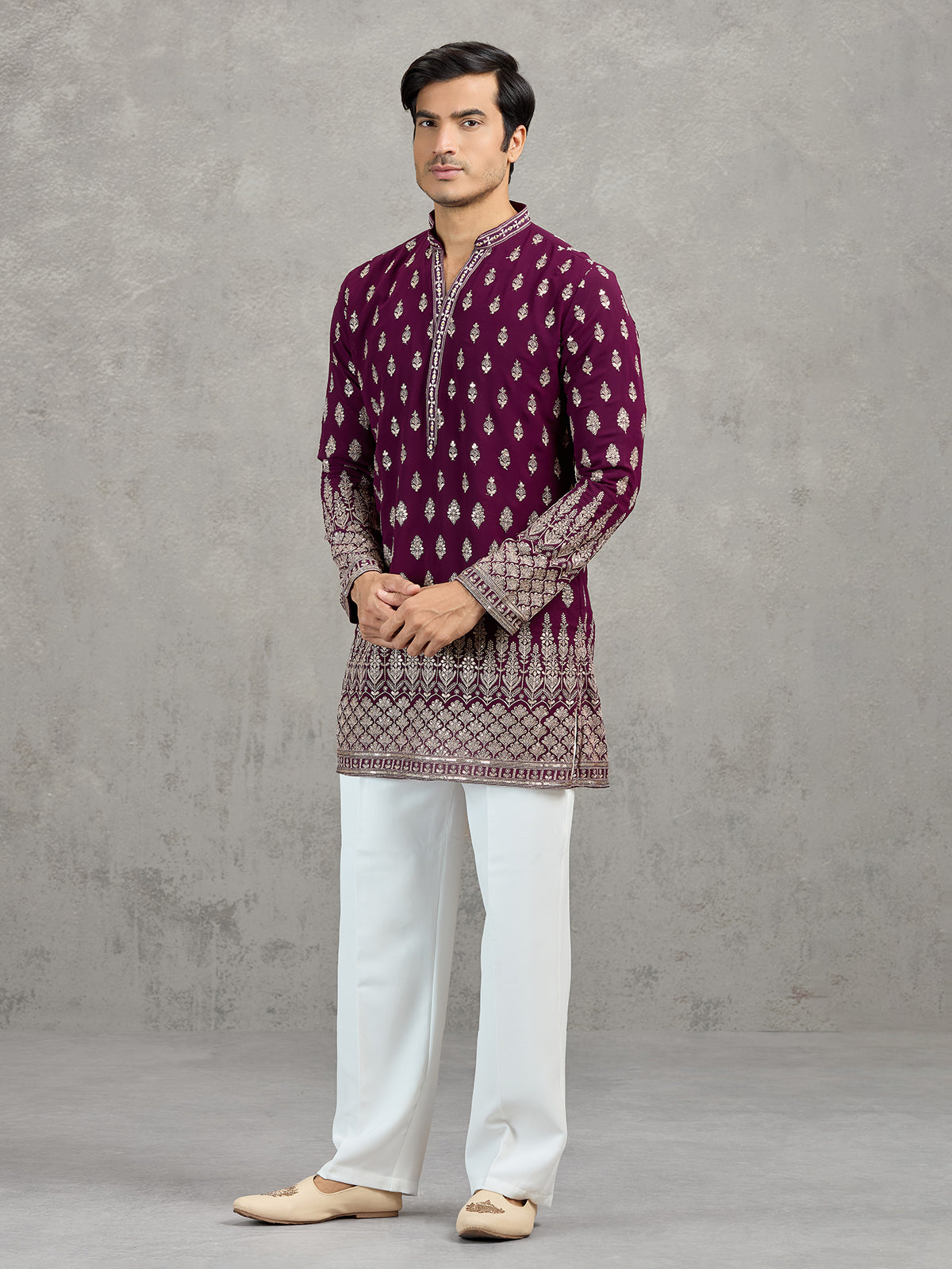 Wine georgette embroidered festive kurta suit