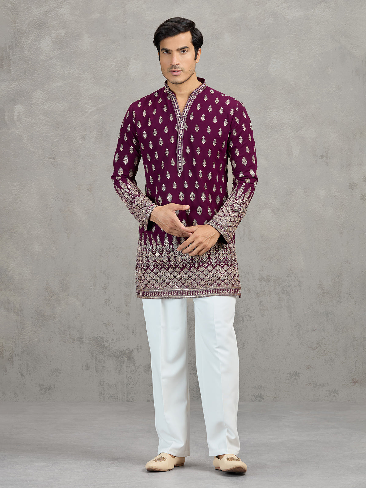 Wine georgette embroidered festive kurta suit