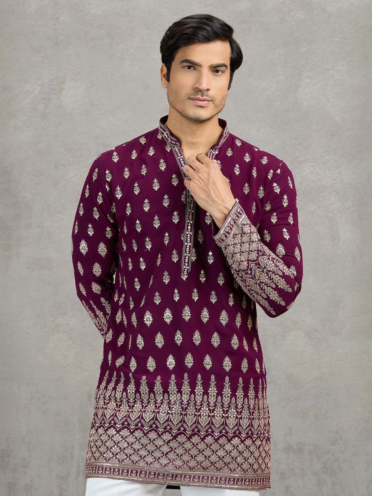 Wine georgette embroidered festive kurta suit