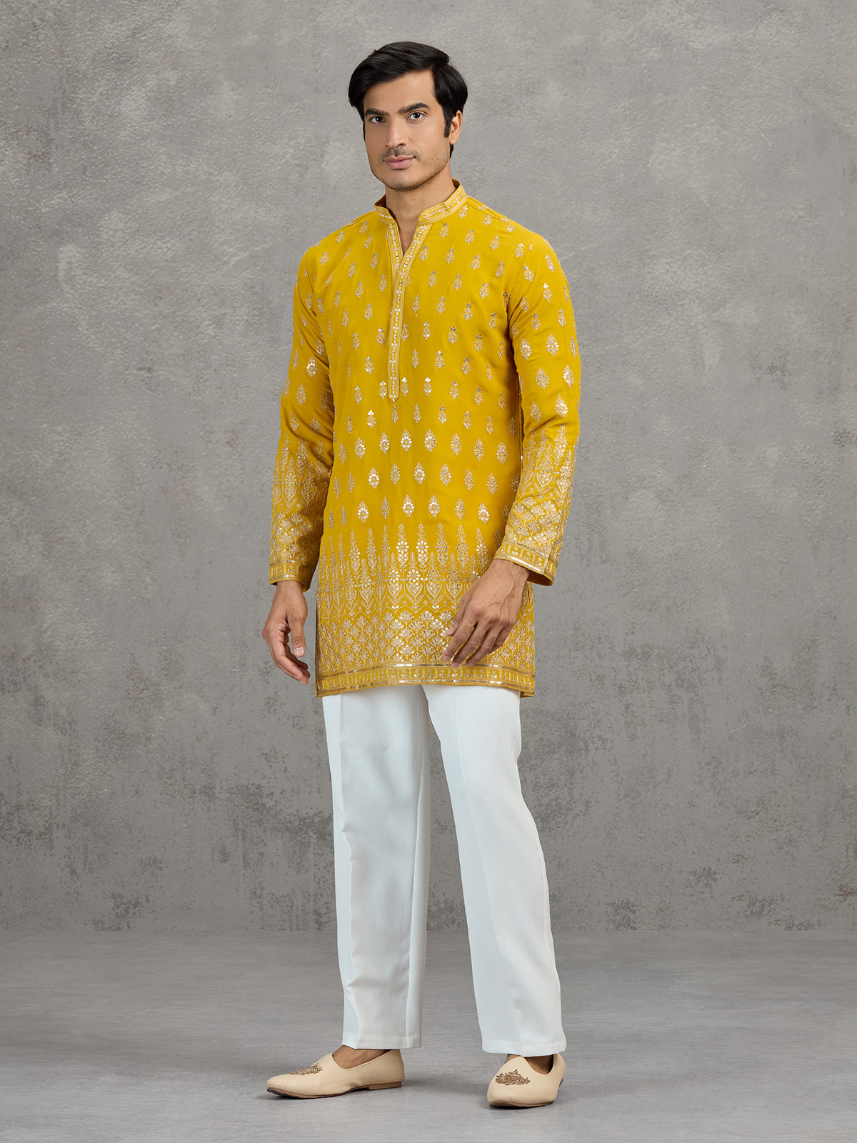 Yellow georgette embroidered haldi festive kurta suit