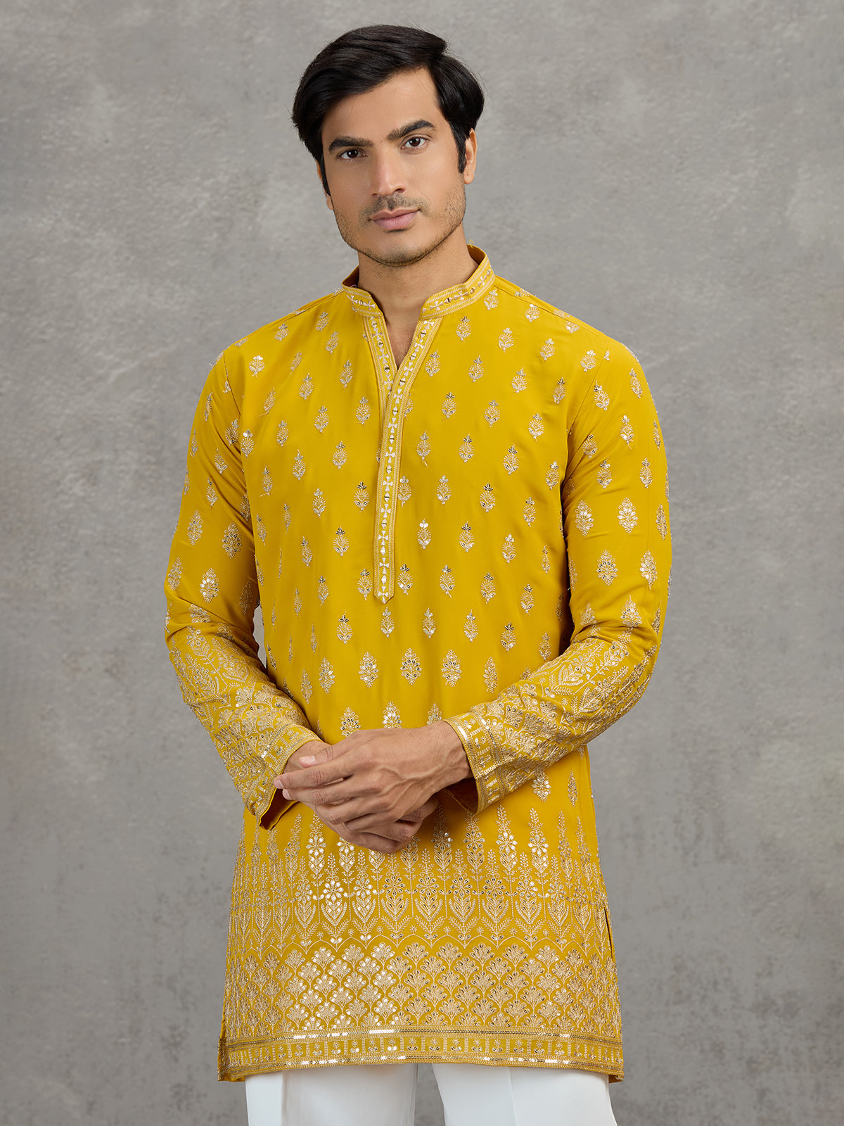 Yellow georgette embroidered haldi festive kurta suit