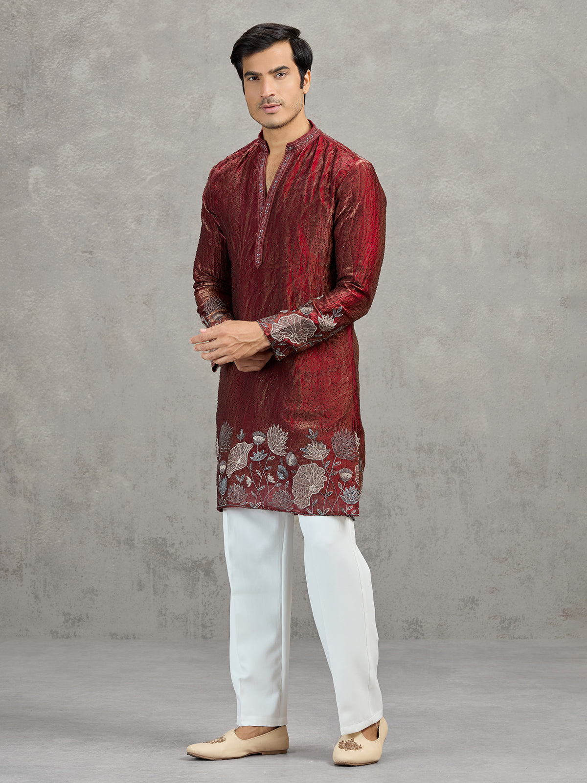 Maroon silk blend embroidered wedding kurta suit