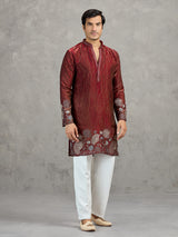 Maroon silk blend embroidered wedding kurta suit