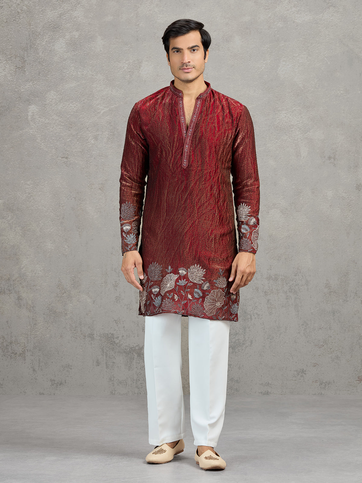 Maroon silk blend embroidered wedding kurta suit