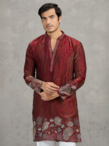 Maroon silk blend embroidered wedding kurta suit