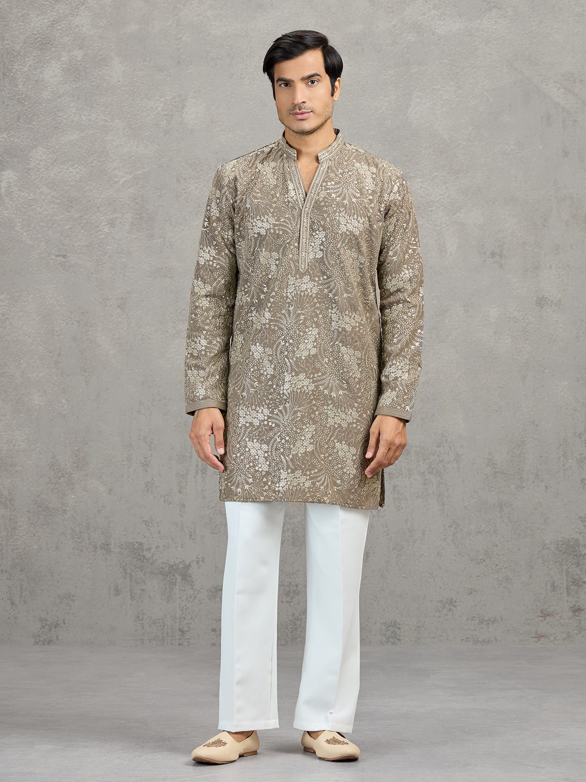 Dusty olive Korean silk embroidered festive kurta suit