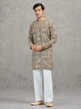 Dusty olive Korean silk embroidered festive kurta suit