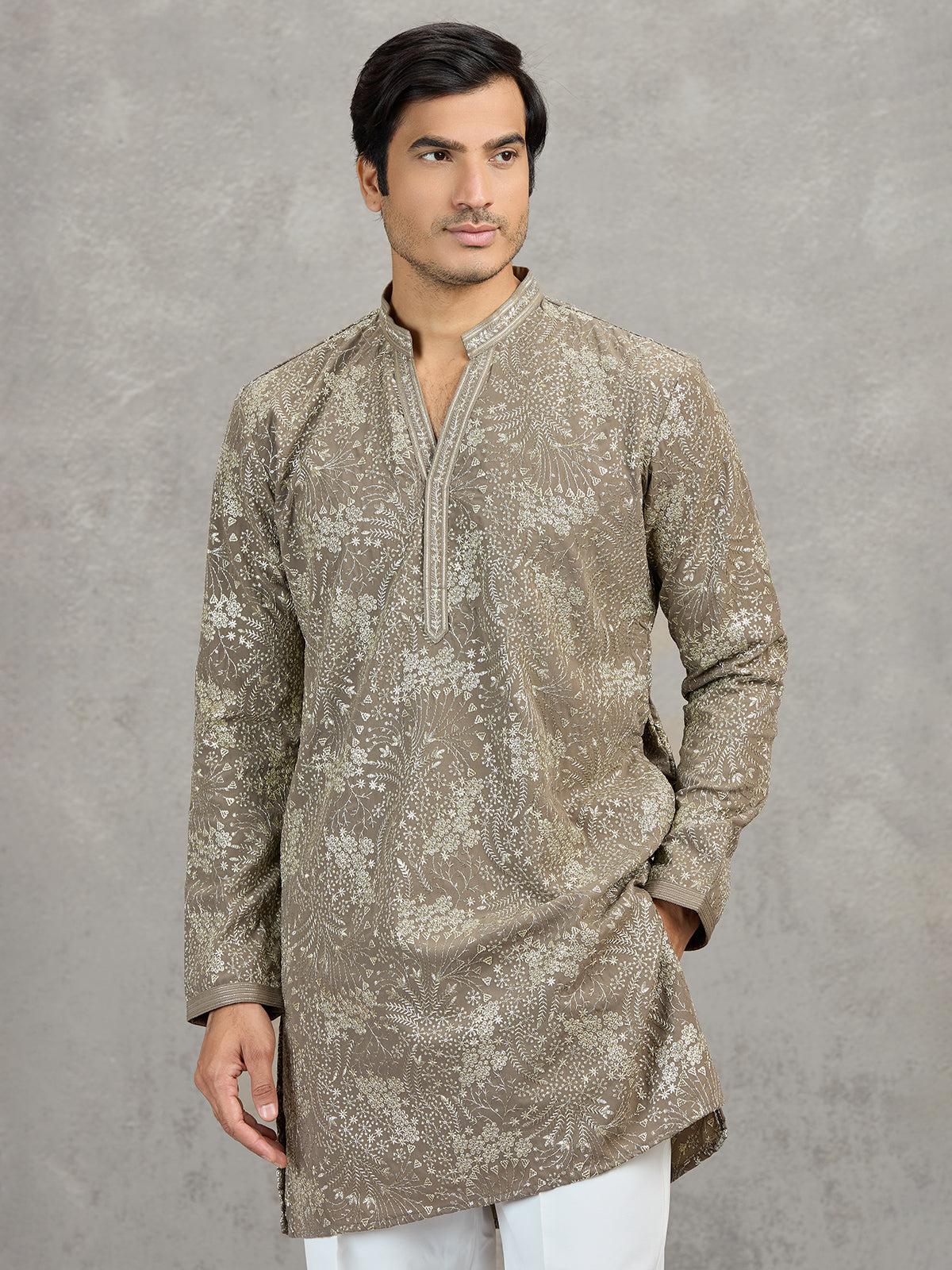 Dusty olive Korean silk embroidered festive kurta suit
