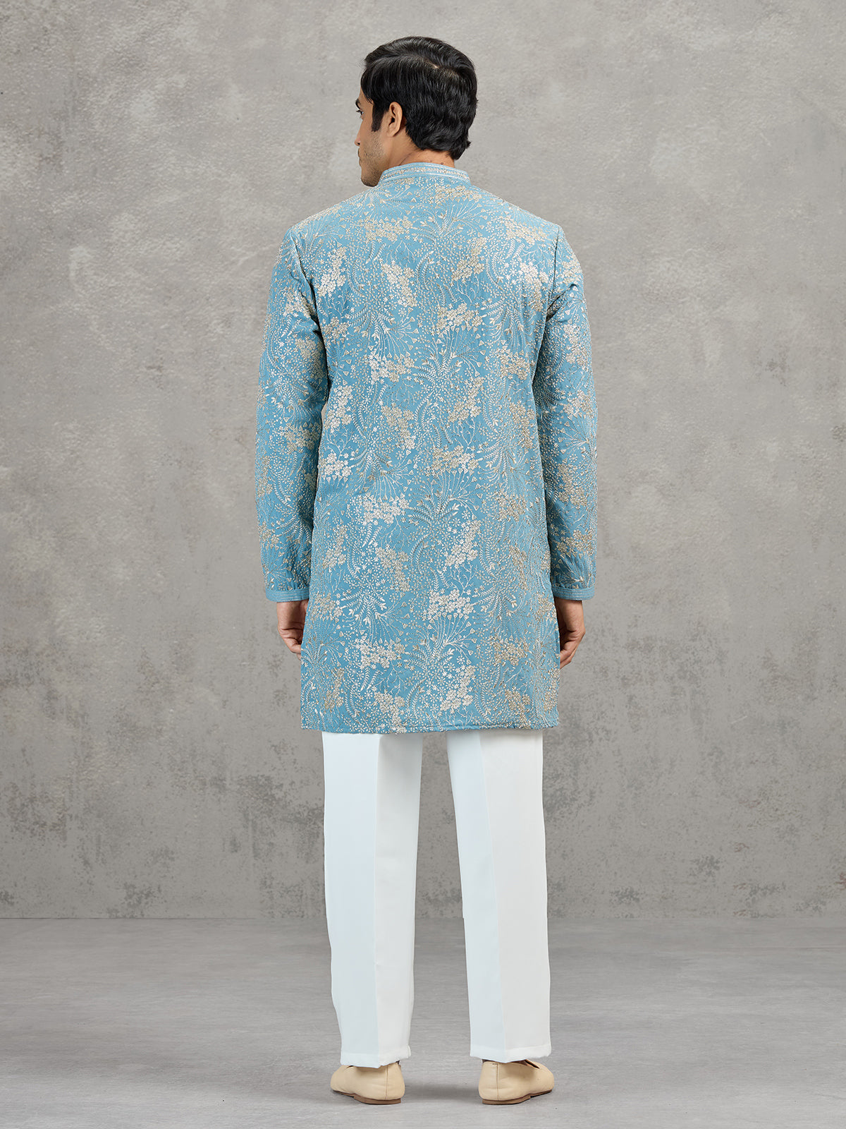 Sky blue korean silk embroidered festive kurta suit