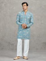 Sky blue korean silk embroidered festive kurta suit