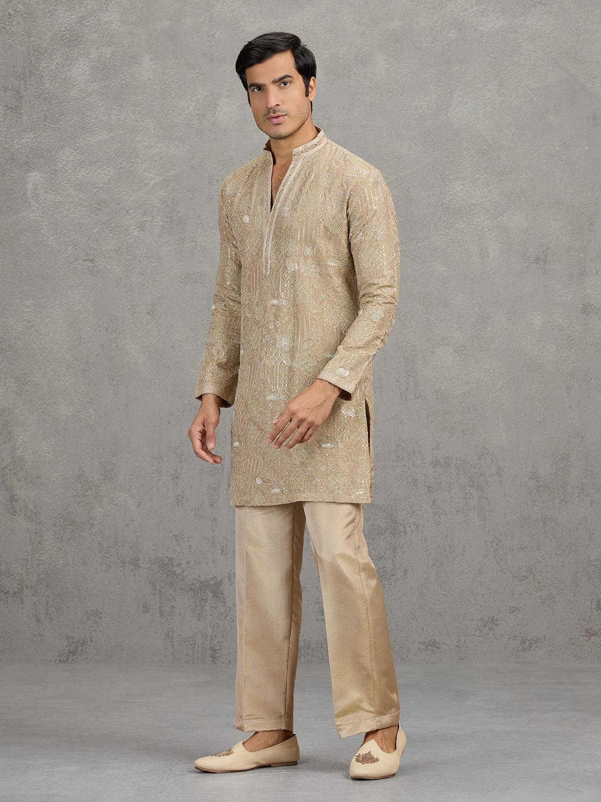 Gold tissue silk embroidered festive kurta suit