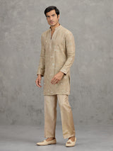 Gold tissue silk embroidered festive kurta suit