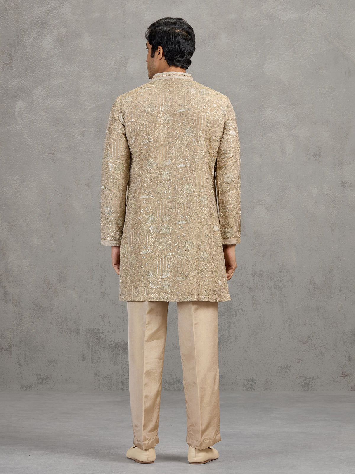 Gold tissue silk embroidered festive kurta suit