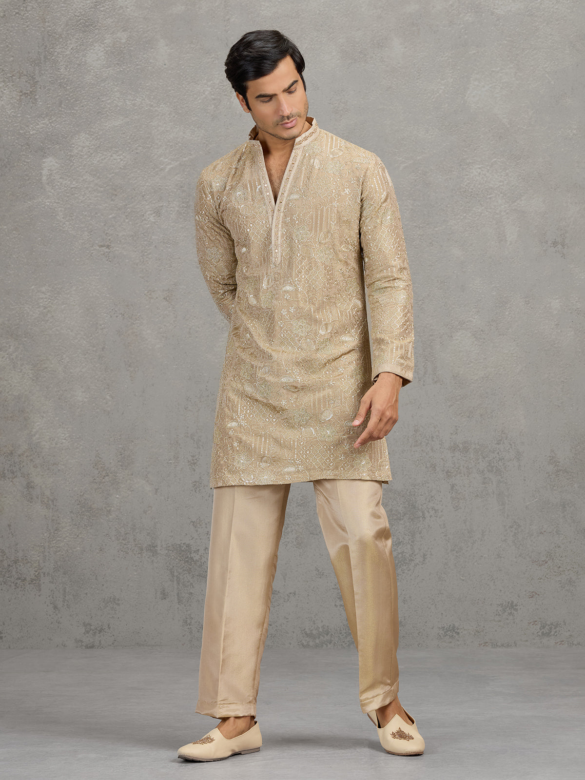 Gold tissue silk embroidered festive kurta suit