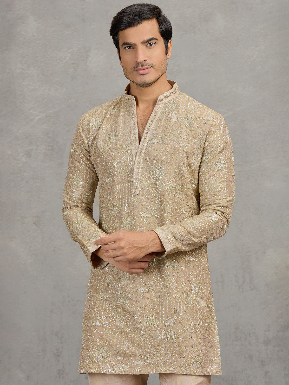 Gold tissue silk embroidered festive kurta suit