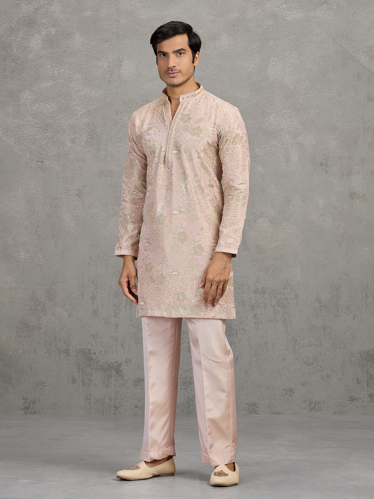 Dusty pink tissue silk embroidered elegant festive kurta suit
