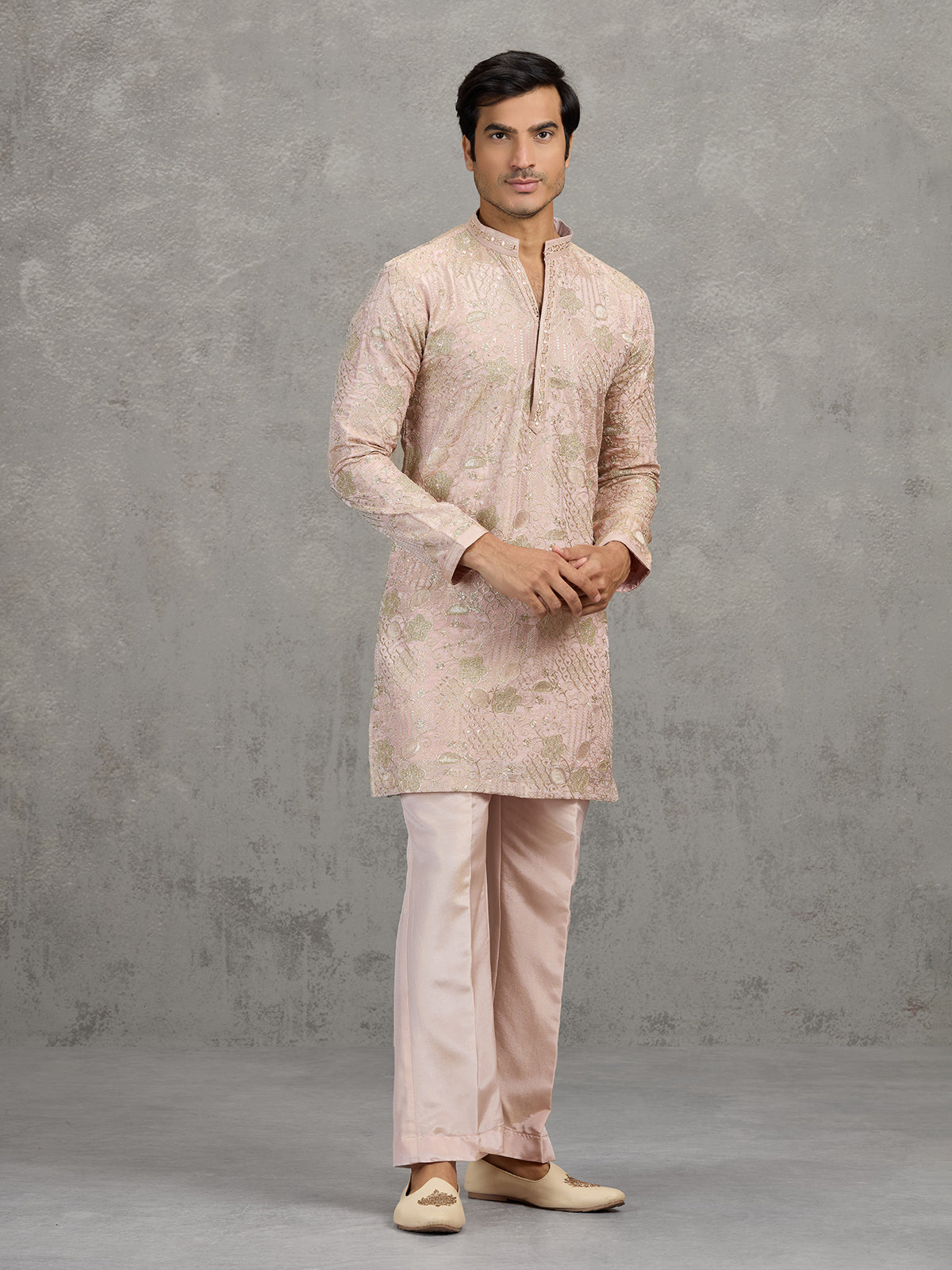 Dusty pink tissue silk embroidered elegant festive kurta suit