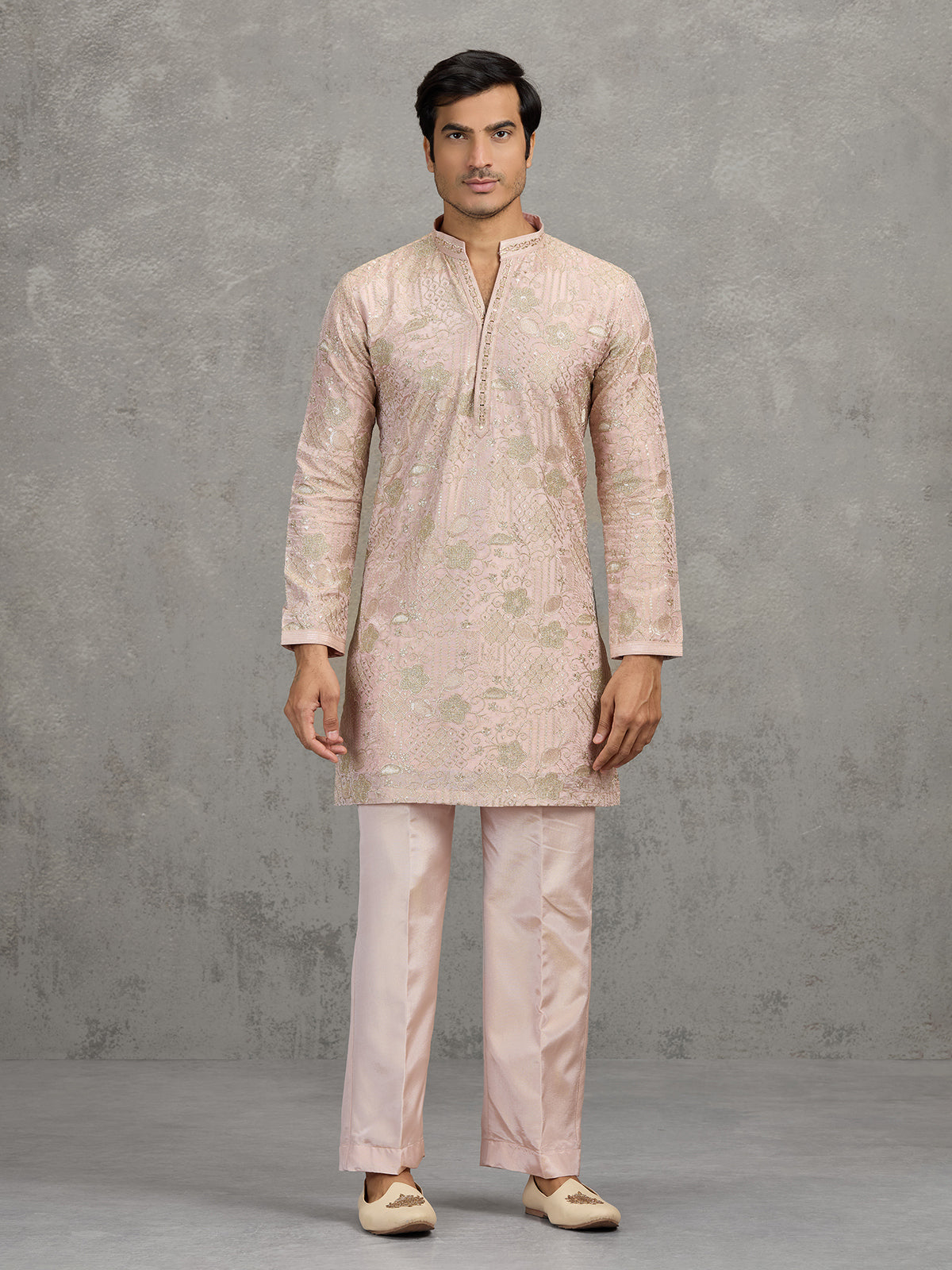 Dusty pink tissue silk embroidered elegant festive kurta suit