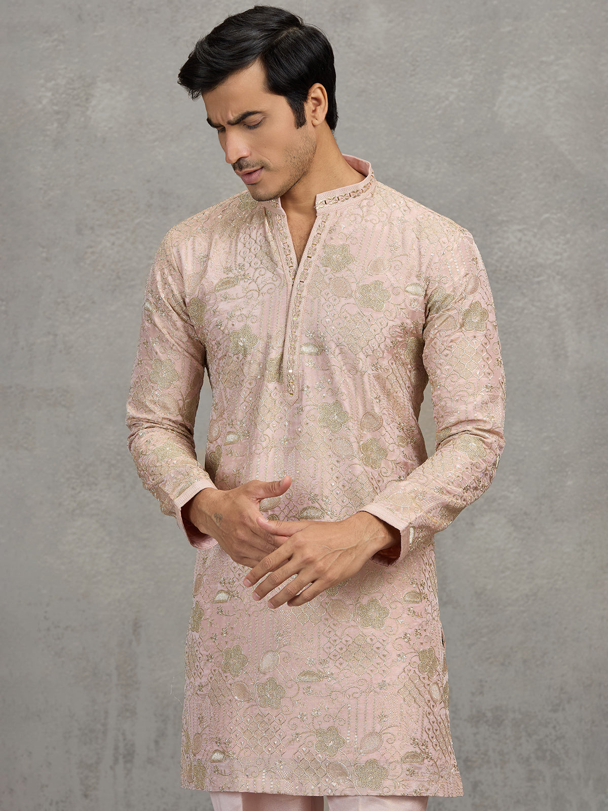 Dusty pink tissue silk embroidered elegant festive kurta suit
