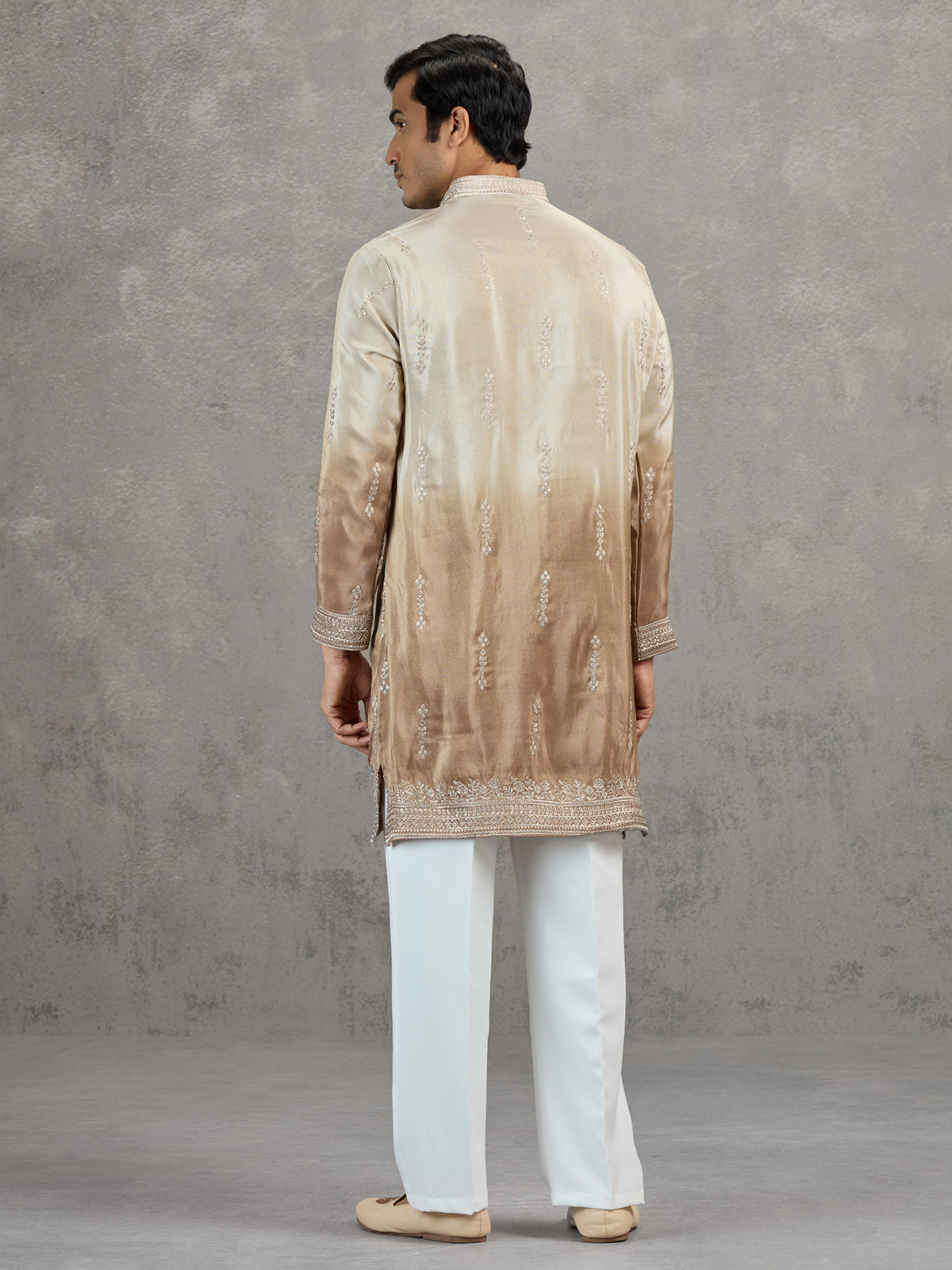 Beige brown shaded tissue embroidered festive kurta suit
