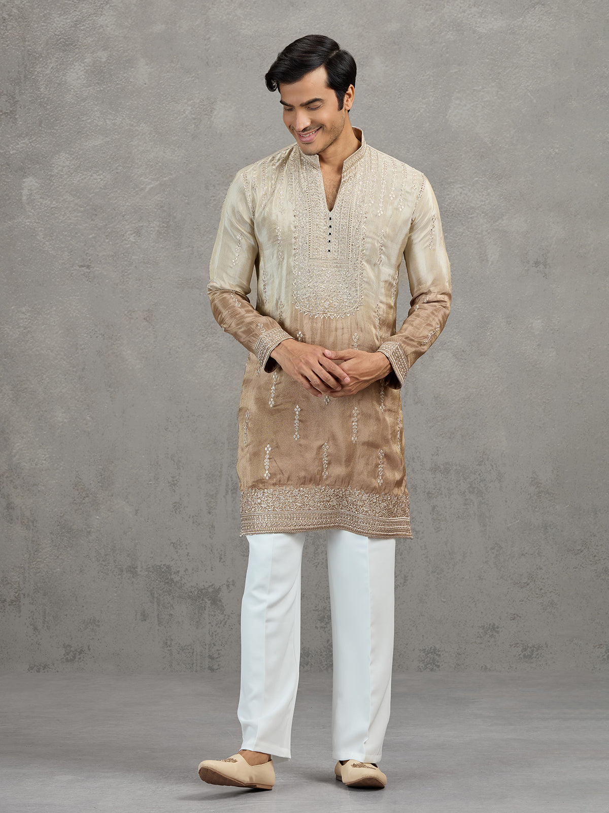 Beige brown shaded tissue embroidered festive kurta suit
