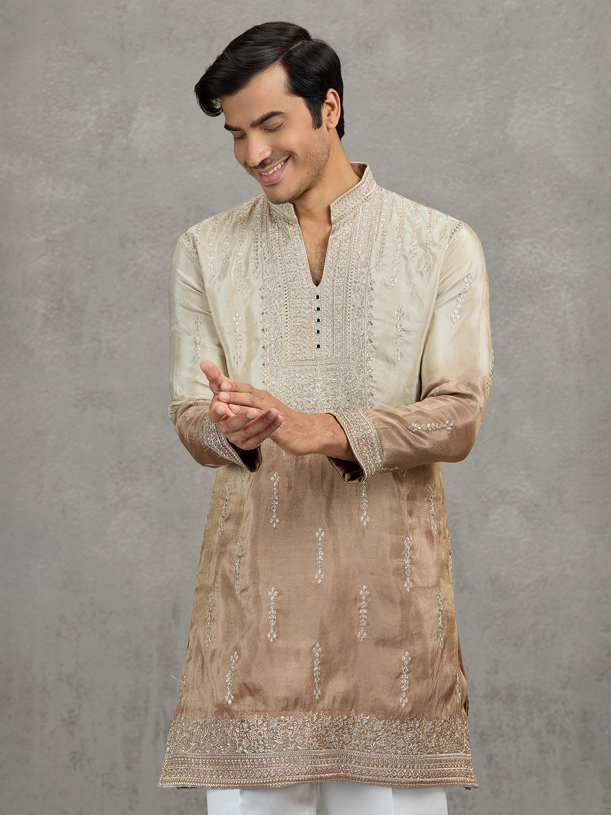 Beige brown shaded tissue embroidered festive kurta suit
