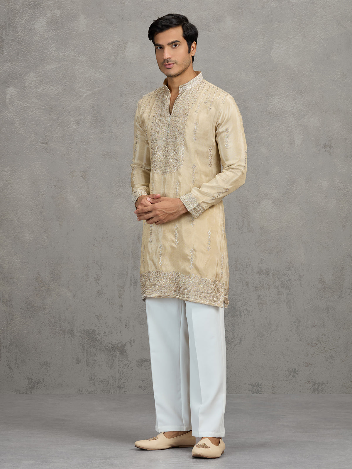Gold tissue embroidered festive wedding kurta suit