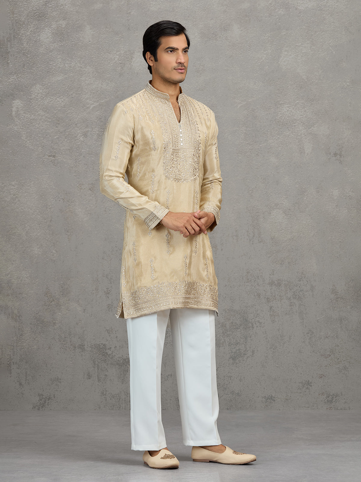 Gold tissue embroidered festive wedding kurta suit