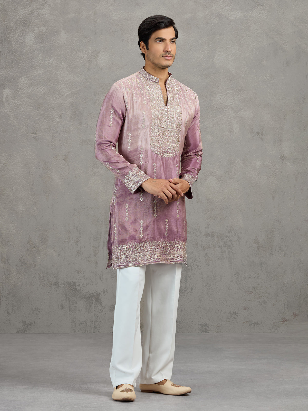 Lilac purple shaded tissue embroidered festive kurta suit