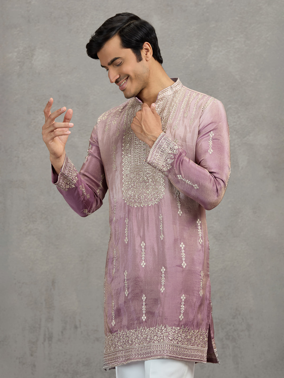 Lilac purple shaded tissue embroidered festive kurta suit