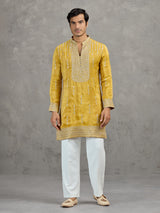 Mustard yellow shaded tissue embroidered haldi kurta suit