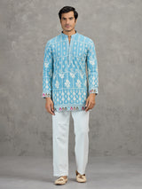 Sky blue short silk embroidered festive kurta suit