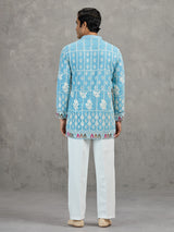Sky blue short silk embroidered festive kurta suit