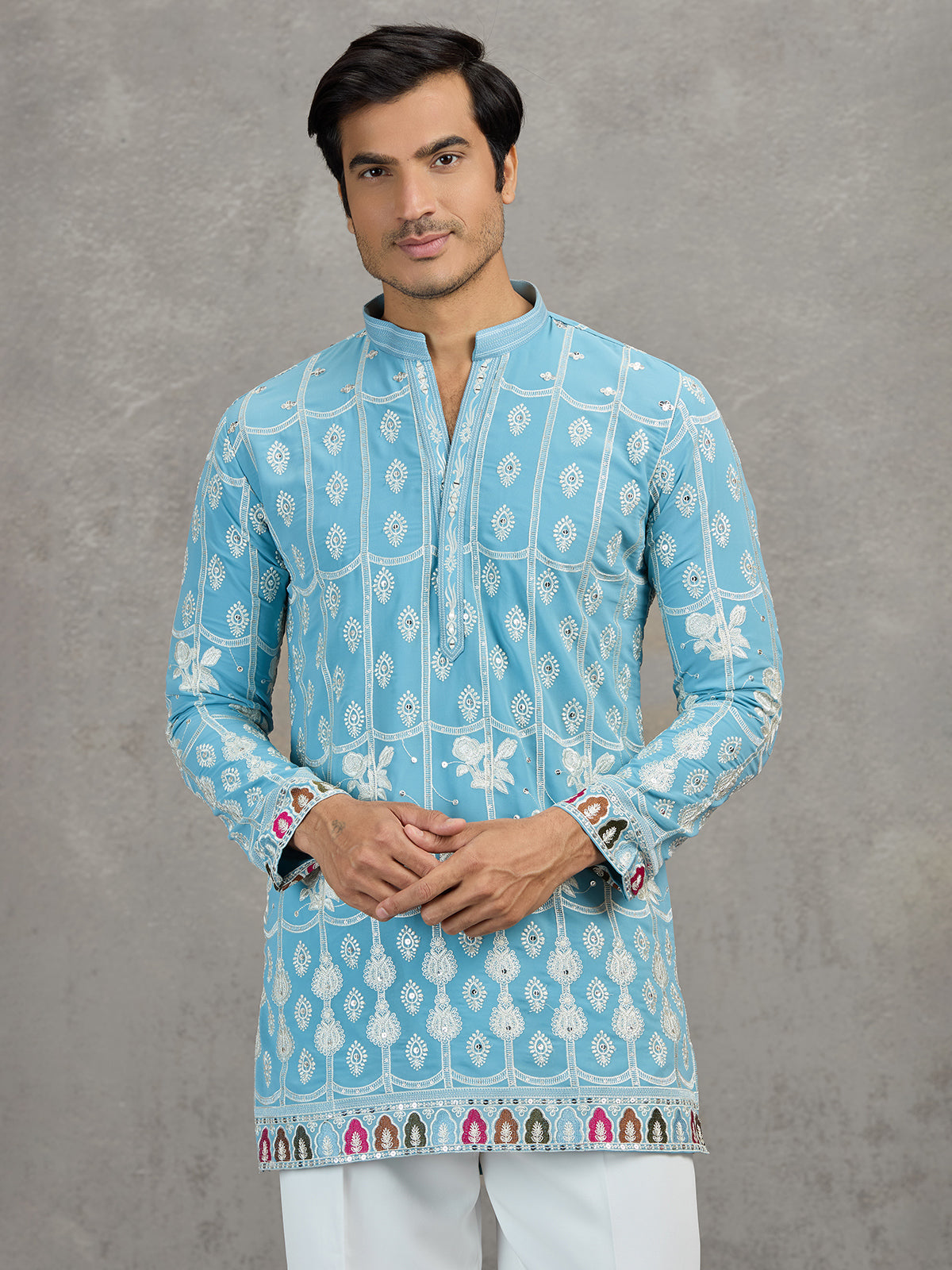 Sky blue short silk embroidered festive kurta suit