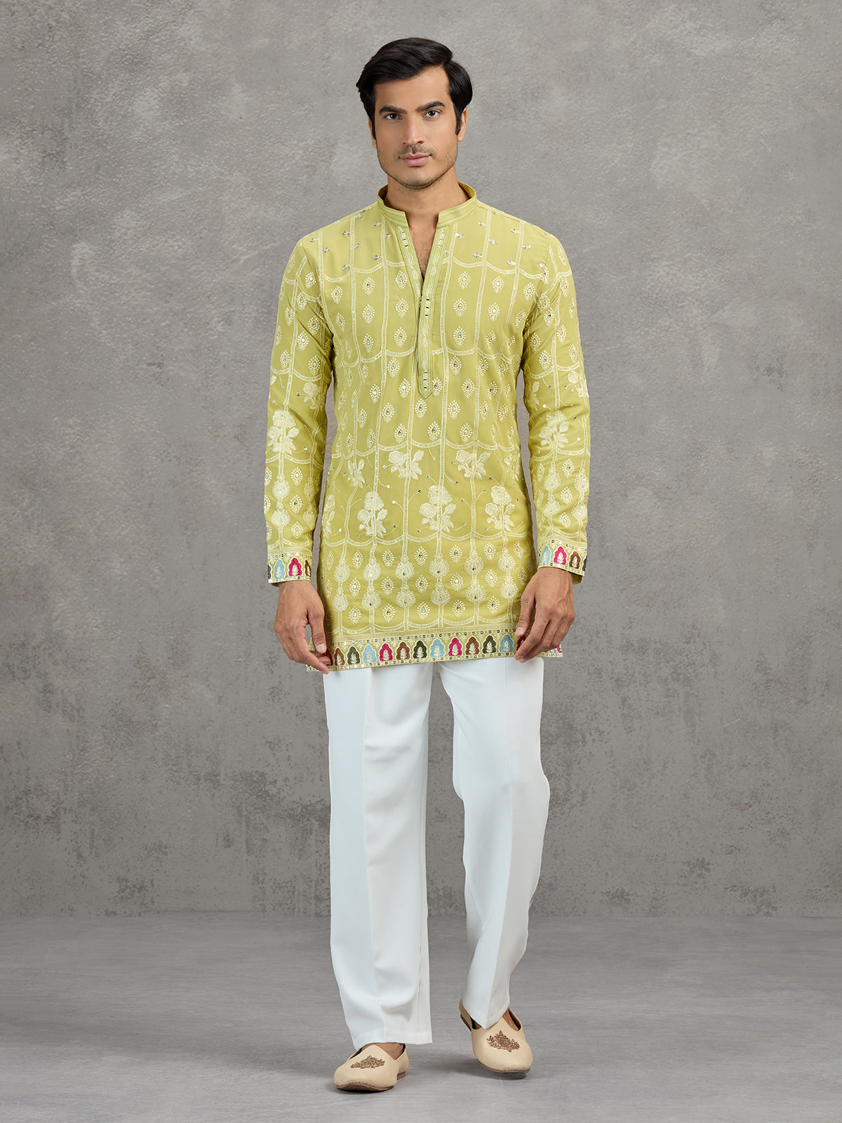 Pista green short silk embroidered festive kurta suit